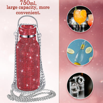 Geiserailie Diamond Water Bottle Bling Rhinestone Stainless Steel Thermal Bottle Refillable Insulated Glitter Water Jug with Chain for Women Girls Gifts(750 ml,Red)