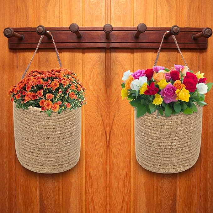 YOUEON Set of 2 Jute Hanging Basket 7.8" x 6.7", Small Wall Hanging Planter