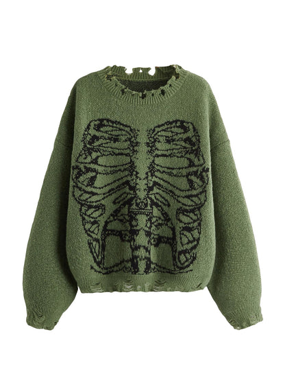 SHENHE Women's Oversized Skeleton Pattern Ripped Round Neck Sweater Pullover Green M