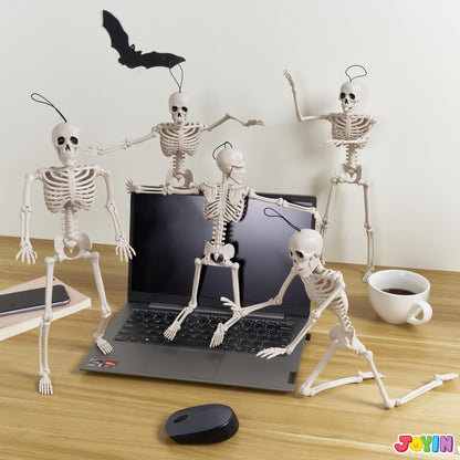 JOYIN 5 PCS Posable Halloween Skeleton Decor 16 Inches, Full Body Posable Joints Hanging Skeletons for Halloween Decorations, Graveyard Props, Haunted House Accessories, Spooky Scene Party Favors