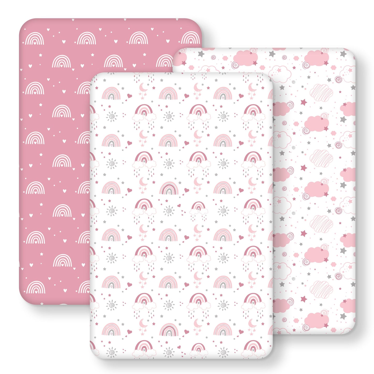 FIEMOL Next to Me Crib Sheets 85x51cm Fitted, 3 Pack Baby Cot Sheets, Ultra Soft & Silky Smooth Microfiber Bedside Crib Fitted Sheets Pink Rainbow