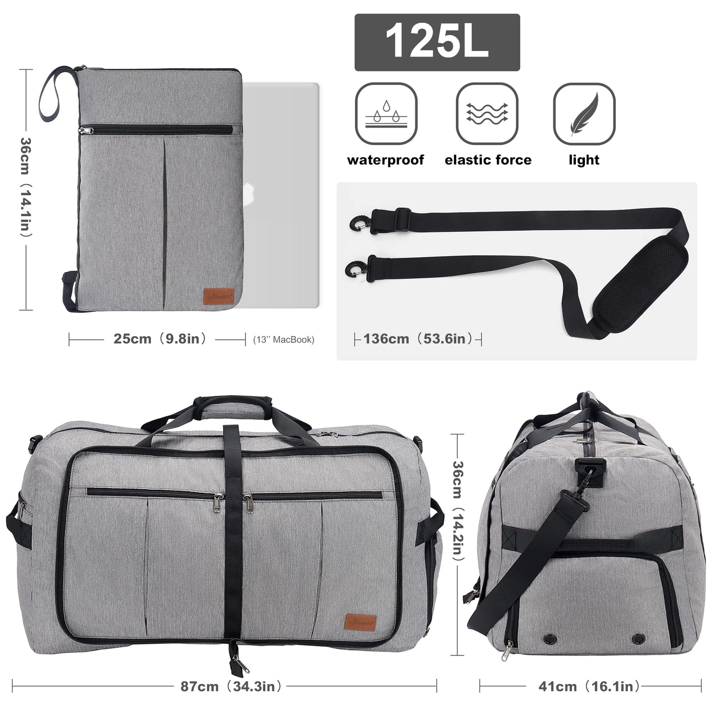 Upeelife Travel Duffle Bag, Foldable 125L Holdall Bags Large Weekend Overnight Bag Waterproof Duffel Bag with Shoe Compartment and Wet Pocket, Sports Gym Bag for Men Women (Grey)
