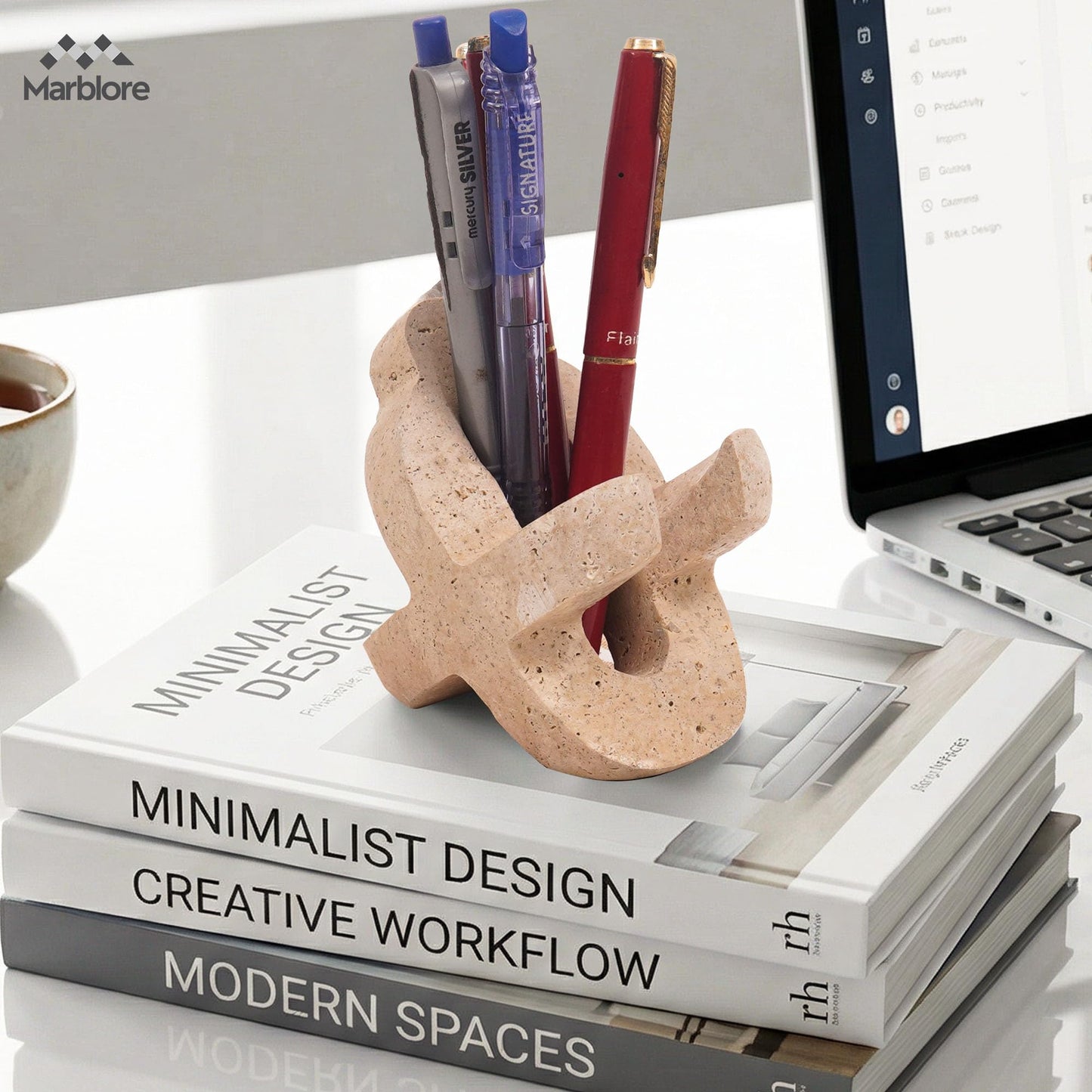 Marble Cell Phone Stand Holder in Travertine, 4'' Key & Sunglass Organizer, Pen & Pencil Stand for Office Stationery Home Office and Desk Stand Decor