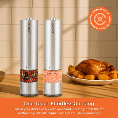 Innoteck Essentials Electric Salt and Pepper Mill Set - Battery-Operated Stainless-Steel Pepper Mill with Light - One Touch Operation - Salt & Pepper Mills - Adjustable Coarseness - Ceramic Grinder