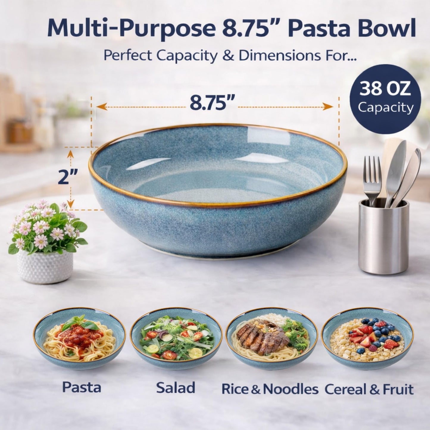 GBhome 8.75'' Large Ceramic Pasta Bowls, 38oz Stoneware Pasta Serving Bowls Set of 4 for Kitchen, Wide Bowls for Fruit,Pasta,Salad,Oatmeal,Meal, Microwave Safe, Reactive Glaze-Space Blue