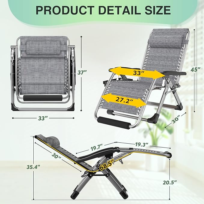 Suteck Oversized Zero Gravity Chair,33In XXL Outdoor Recliner Chair w/Removable Cushion&Headrest, Camping Lounge Chair w/Upgraded Lock&Footrest, Reclining Patio Chairs for Indoor Outdoor,500LBS
