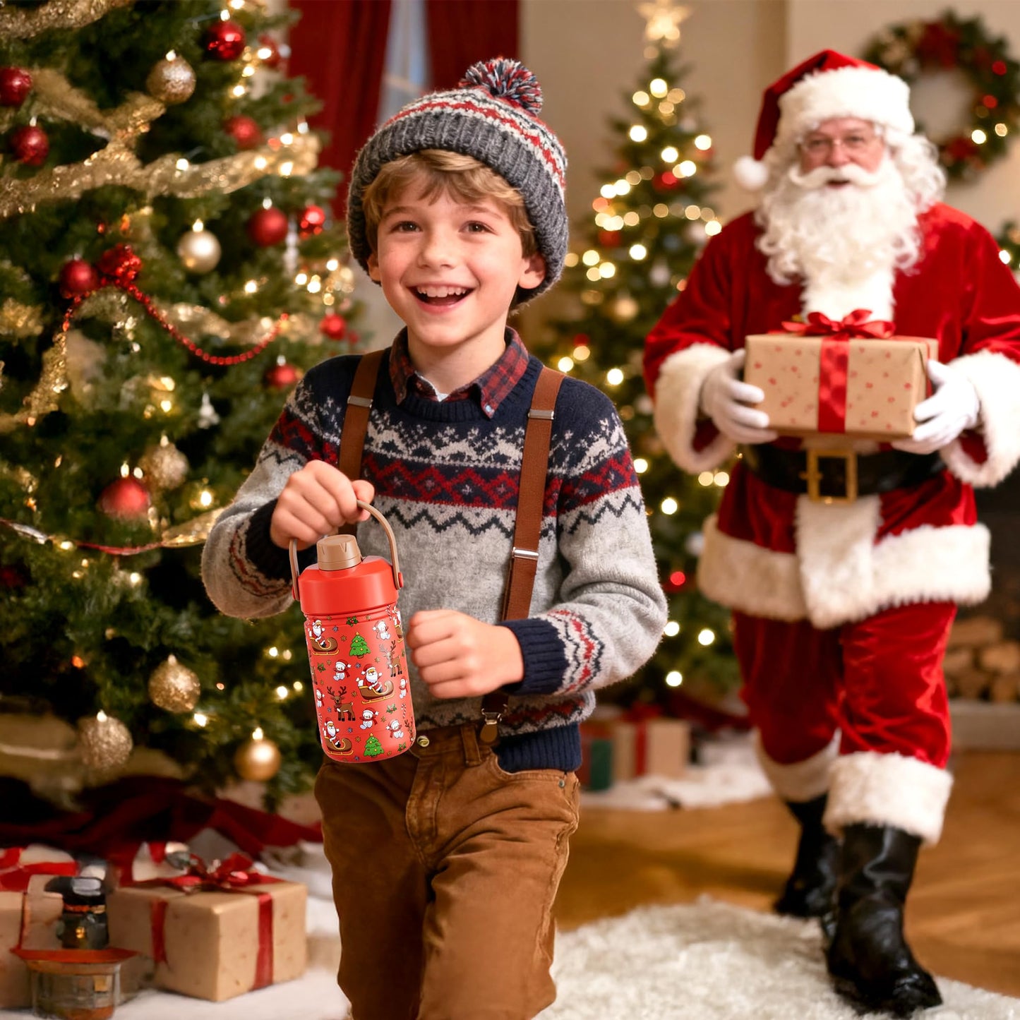12 oz Kids Christmas Insulated Water Bottle: 2-in-1 Straw Spout Lid, Leakproof, BPA-Free, Keep Cold 24H, Stainless Steel Cup with Carrier Bag for Party, Travel, Holiday Gift (Santa's Jolly Wishes)