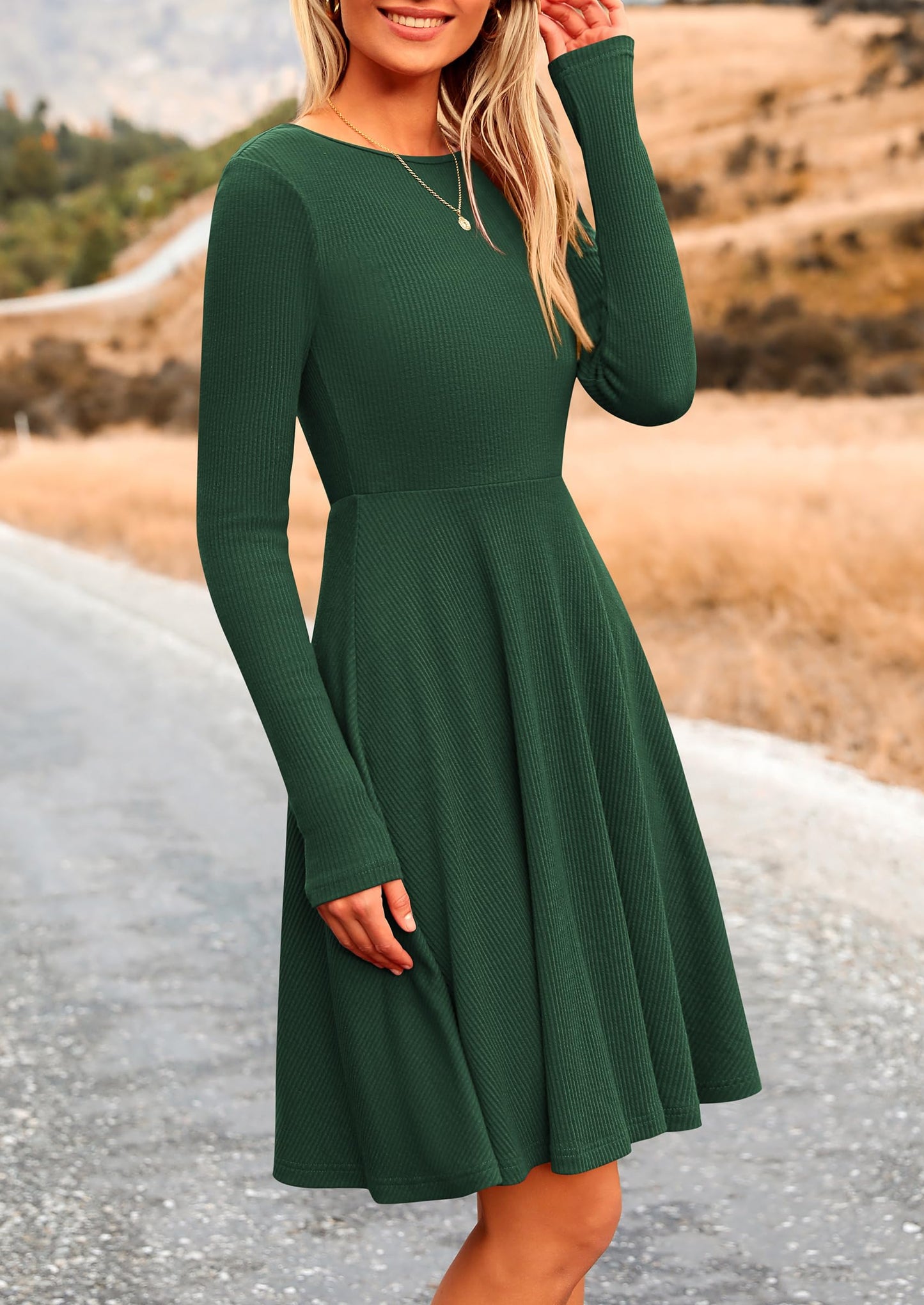 PRETTYGARDEN Women's Fall Short Dress Ribbed Knit Crewneck Long Sleeve A Line Flowy Casual Elegant Going Out Winter Dresses (Dark Green,Large)