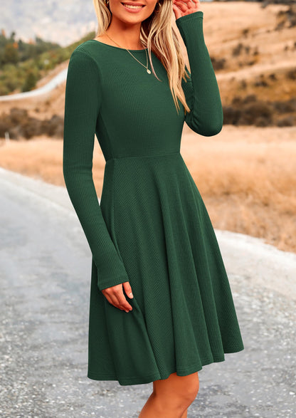 PRETTYGARDEN Women's Fall Short Dress Ribbed Knit Crewneck Long Sleeve A Line Flowy Casual Elegant Going Out Winter Dresses (Dark Green,Large)