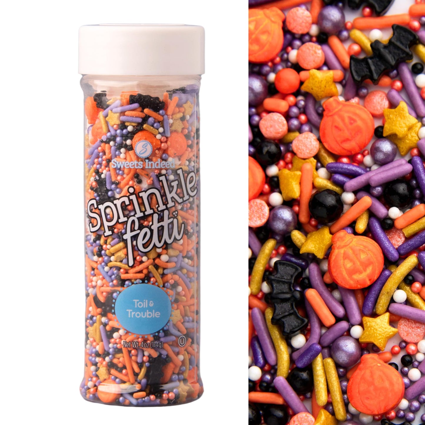 Sweets Indeed Toil & Trouble Halloween Sprinklefetti Mix – 4 oz Jar | Sprinkles with Pumpkins, Bats, Jimmies, Nonpareils, Sugar Pearls & Quins | Spooky Cookie & Cupcake Decorations