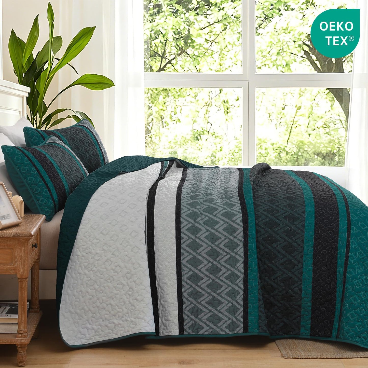 Dinjoy Boho Quilt Set King, Soft 3 Pieces Striped Bedspreads, Dark Green Bedding Sets Micofiber Lightweight Quilts with 2 Pillow Shams Coverlet Bed Sets for Women Men 110''x90''