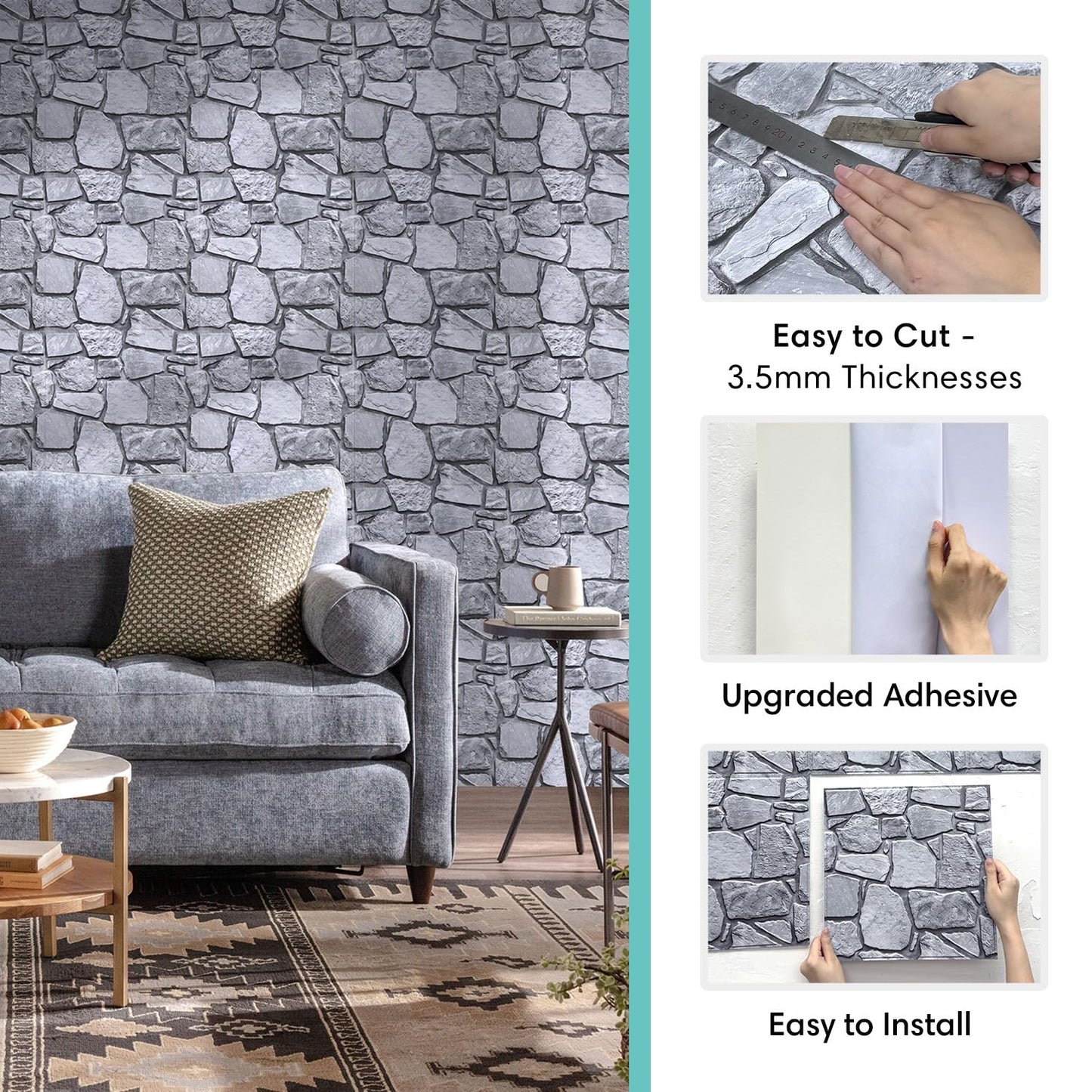 Commomy 3D Faux Stone Peel and Stick Wall Tiles - Fake Stone Wall Sticker 10 Pcs of 11.8" x 11.8" Thin Ultralight PVC Rock Wall Tile Interior Wall Covering Kitchen Backsplash,Interior Wall Decor