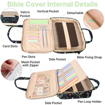 PUGPIU Bible Cover Case for Women, Large Quilted Bible Bag with Shoulder Strap and Handle, Bible Study Supplies Journaling Kit with Highlighters Pens No Bleed Tabs Notebook Cross Clips (Leaf)