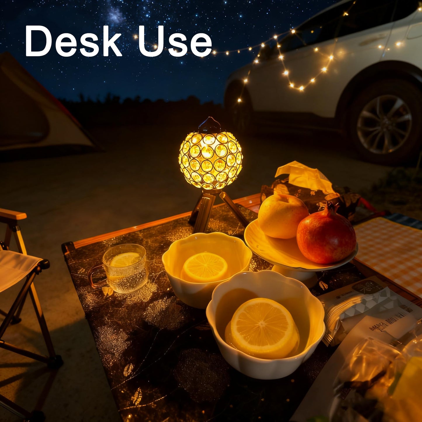 Crystal Orb Camping Light with Etched Glass - 300LM Romantic Projection Light, 3-in-1 Portable Lantern for Desk, Floor & Hanging, Rechargeable, Warm White Light, IPX4, Ideal for Bedroom, Camping Gifts