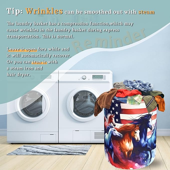 American Flag Horse Laundry Basket Patriotic Foldable Funny Laundry Hamper