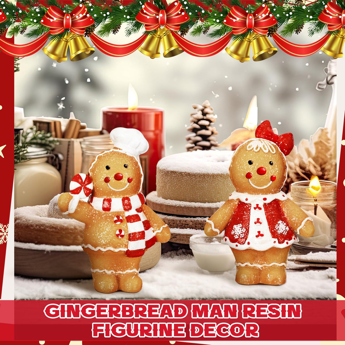 Moucuny 2 Pieces Christmas Gingerbread Decorations Christmas Resin Gingerbread Man Figurines with Chef Hat Candy Bow Scarf Gingerbread Table Decor Christmas Decor for Home Kitchen Mantel Decorations