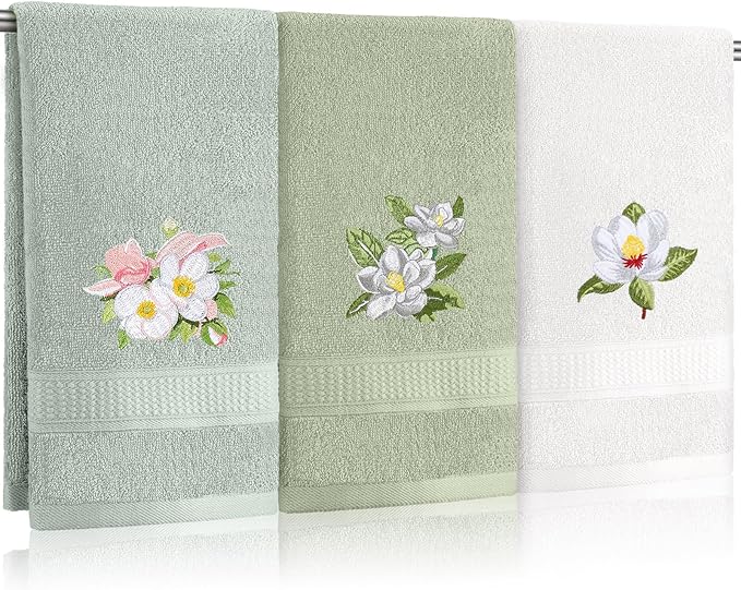 Magnolia Floral Hand Towels Farmhouse Green White Magnolia Bathroom Decor 14x29