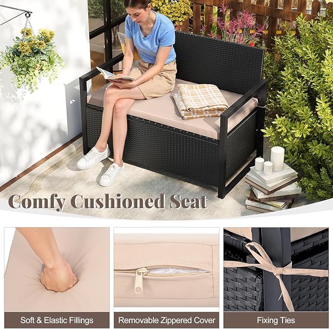RELAX4LIFE Wicker Outdoor Bench with Storage - Rattan Deck Box w/Protective Liner for Pillows, Pool Supplies, Garden Tools, Patio Loveseat with Seat Cushion & Metal Armrests for Backyard Porch Balcony