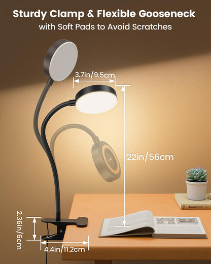 Glocusent 72 LED Clip on Lamp with Remote, Reading Light with Amber Ring, 3 Colors & 5 Dimmable Bed Lamp, 30/60-Min Auto Off Timer, Clamp Light for Headboard/Dorm/Bunk (Black)