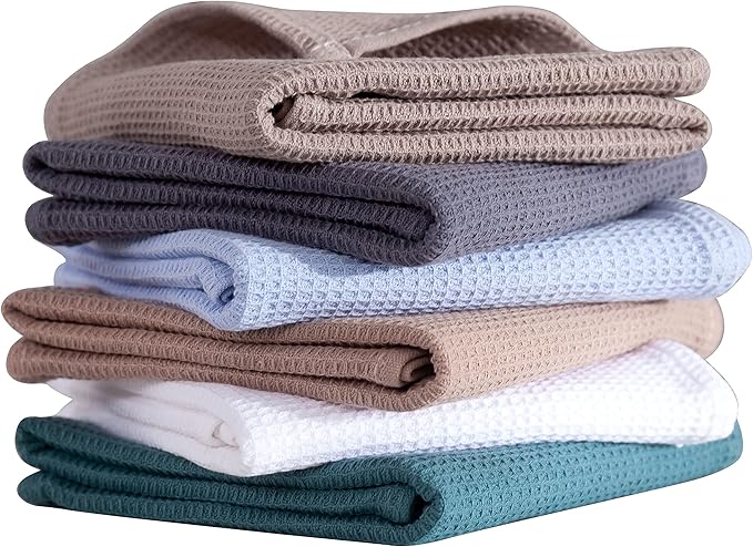 QUILTINA Dish Towels Set, 100% Cotton Waffle Weave Kitchen Towels 6 Pack