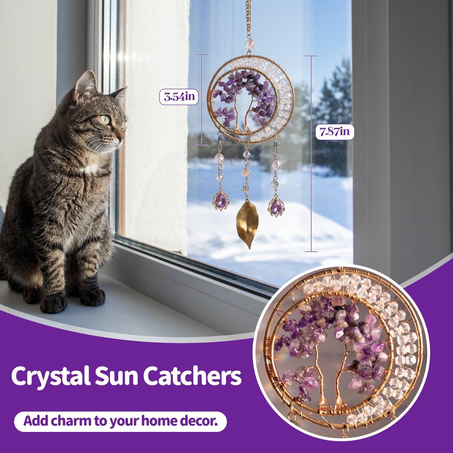 Crystal Suncatcher for Windows Hanging Decor Amethyst Crystal Tree of Life Sun Catcher Prism Rainbow Dream Catchers for Adult Garden Home Decor