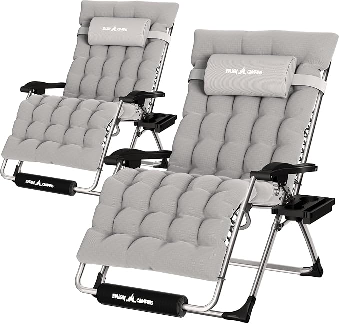 UDPATIO Oversized Zero Gravity Chair Set of 2, 33In XXL Patio Reclining Chair with Cushion, Outdoor Folding Recliner with Pillows|Cup Holder|Foot Rest|Padded Headrest, Grey, Support 500LB