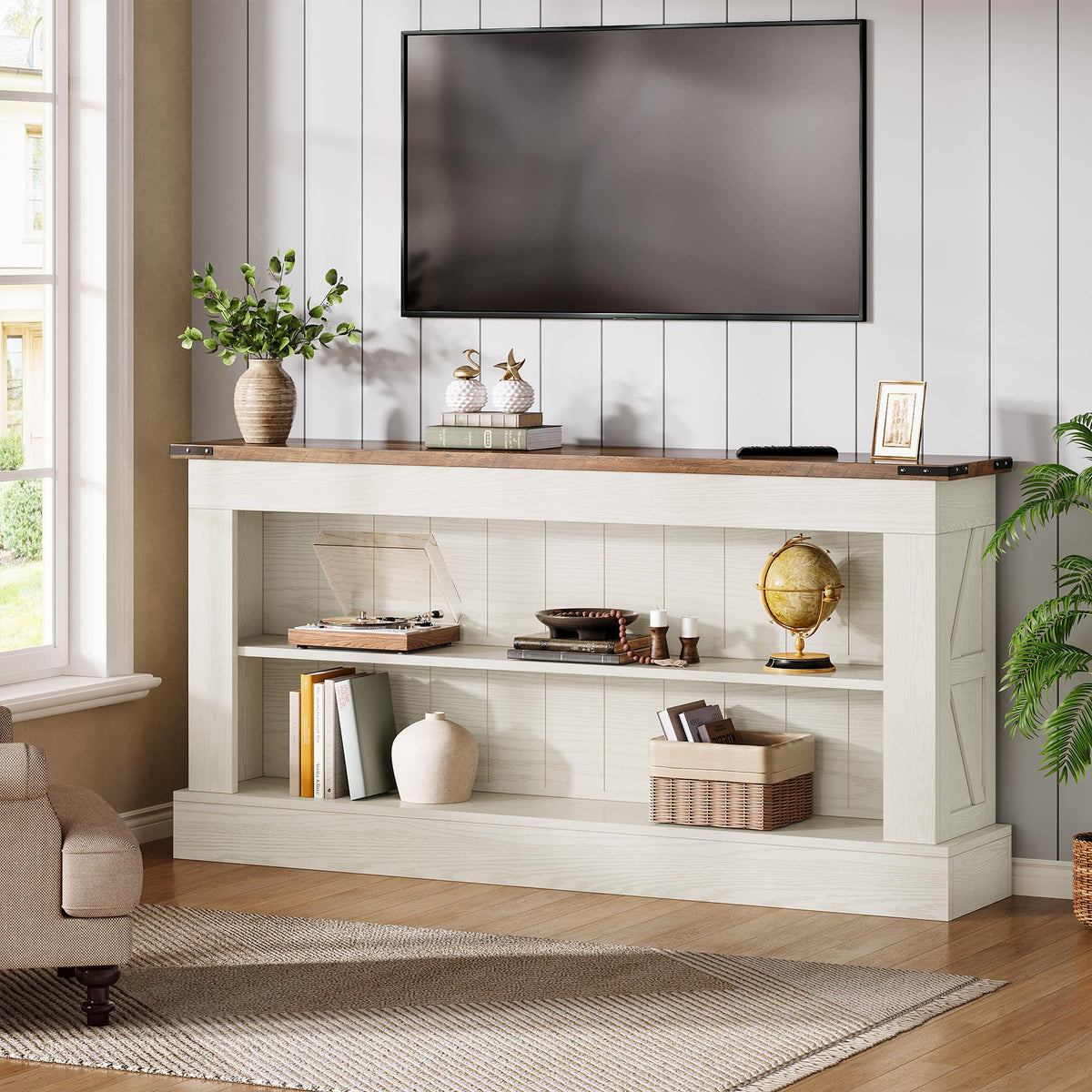 Tribesigns 63-Inch Long Console Table for Entryway, Narrow Long Entry Table with Shelves for Living Room, Farmhouse Sofa Console Behind Couch, for Foyer, Hallway, White and Brown