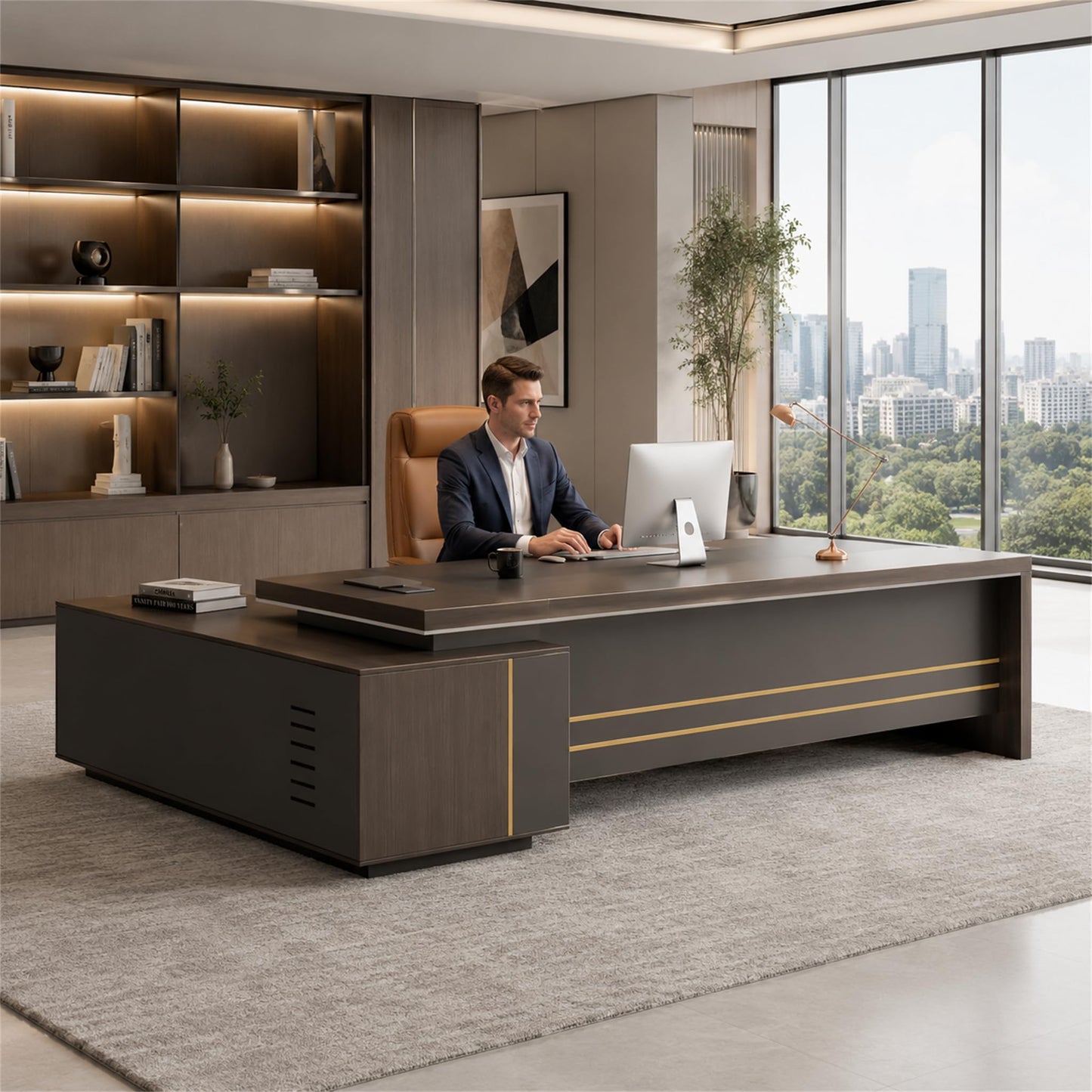 ZIMASYA Reversible L-Shaped Executive Desk with Drawers, Storage Cabinet, Built-in Power Hub & Privacy Panel, Obsidian Grey & Mocha Walnut (79" L * 65" W * 30" H)
