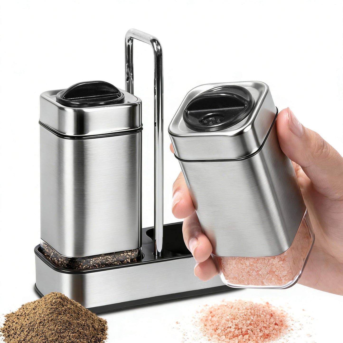 Salt and Pepper Shakers Set with Holder-Stainless Steel Salt Shaker with Adjustable Pour Holes-Set of 2 by Aelga