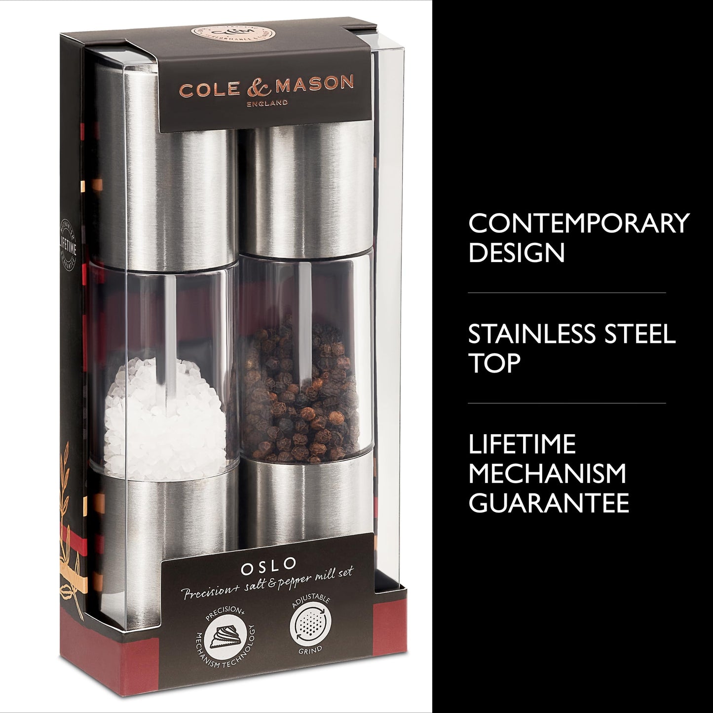 Cole & Mason Oslo Precision Salt & Pepper Grinder Set - Refillable Spice Mills - Salt Mill with Diamond Cut Ceramic Mechanism - Pepper Grinder with Carbon Steel Mechanism