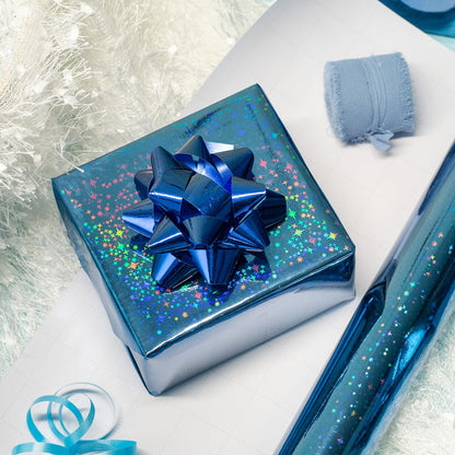 Flyhill Blue Holographic Wrapping Paper Roll, Metallic Holographic Shinning Galaxy Star Gift Wrap for Father‘s Day,Wedding,Birthday - Mini Roll 17inch*32.8ft