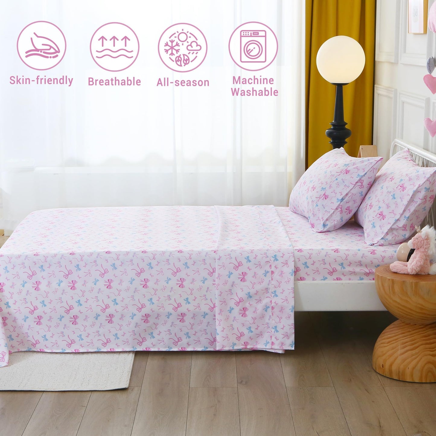Softan Kids Bed Sheet Set, Girls Full Size Kids Sheets, Microfiber Fitted Sheet and Pillowcase, Breathable and Silky Soft, 4 Piece Colourful Bowknot Printed Full Bed Sheet