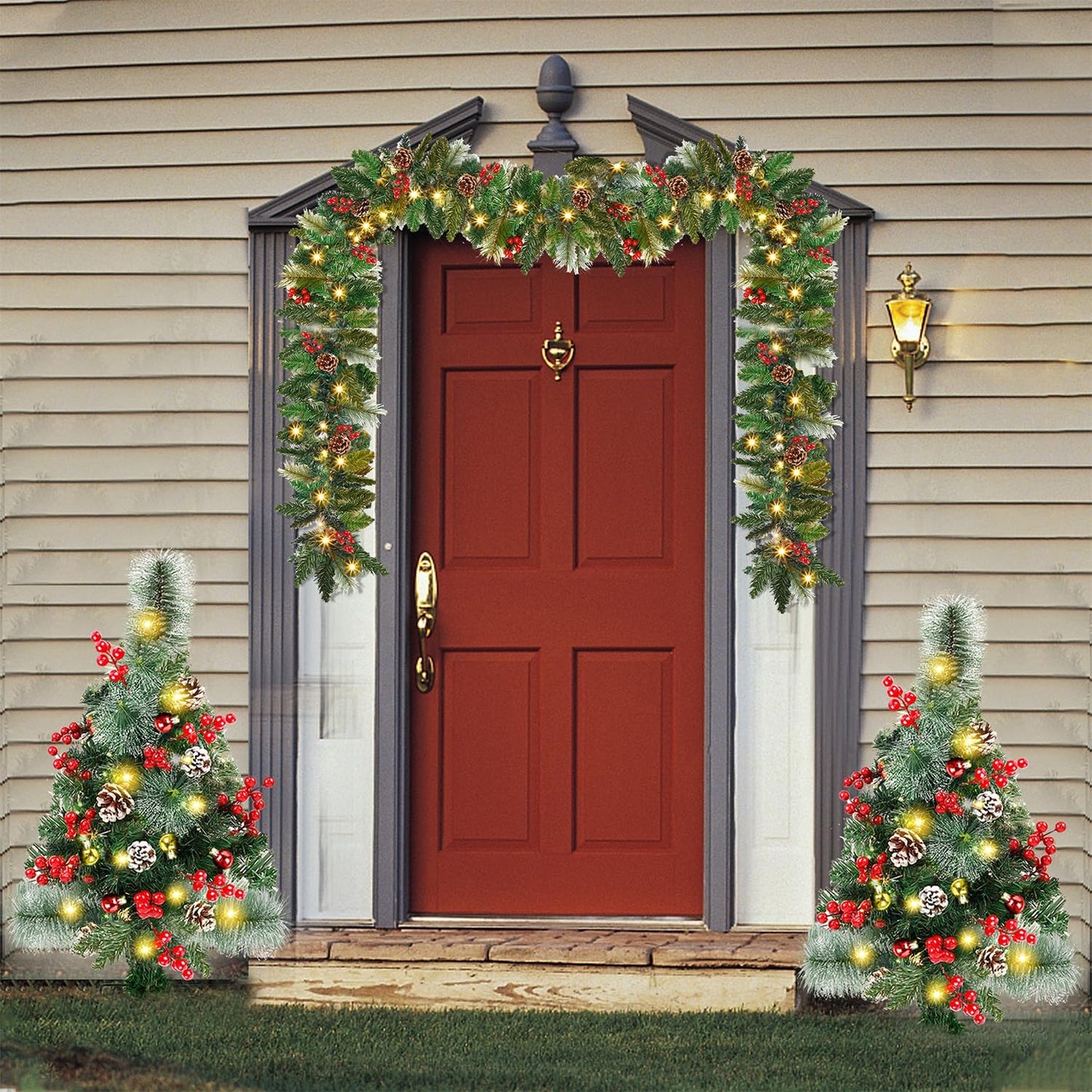Juegoal 2 Pack 30 Inch Pre-Lit Pathway Christmas Trees, Artificial Christmas Urn Filler with 60 LED Lights, Red Berries, Pine Cones & Balls Ornaments, Battery Operated Holiday Decor for Driveway, Yard