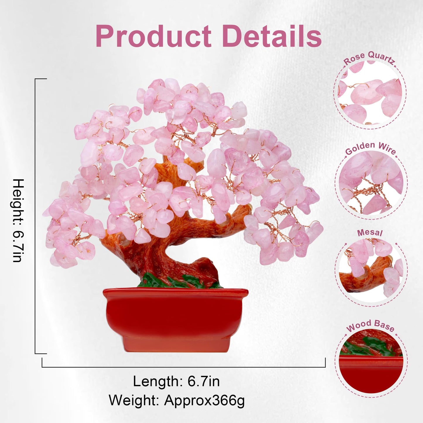 QINJIEJIE Crystal Tree Rose Quartz Crystals Feng Shui Decor Money Tree Bonsai Style Decoration Pink Office Decor Meditation Spiritual Gift for Women