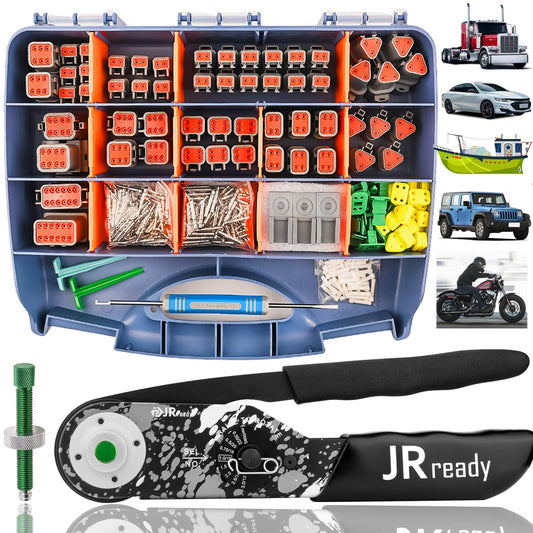 JRready DW5007-02 Deutsch Connector Kit, DT 2 3 4 6 8 12 Pin Automotive Electrical Connectors, Deutsch Crimping Tool 12-22AWG with Size 16 Solid Contacts, Connector Removal Tool, Seal Plugs