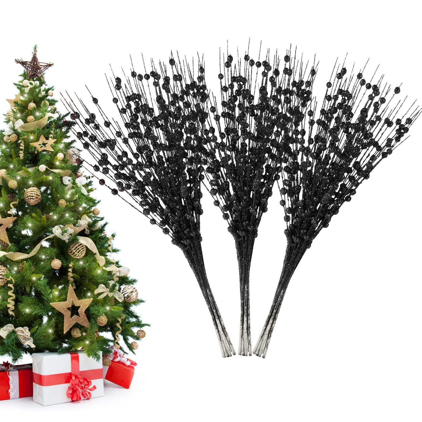 Losris Christmas Artificial Glitter Berry Stem Decorations Decorative Bead Sticks Xmas Picks Glittery Twigs Branches for Christmas Tree Wreath Gift Vase Home Decor Party Ornaments Black 24 PCS