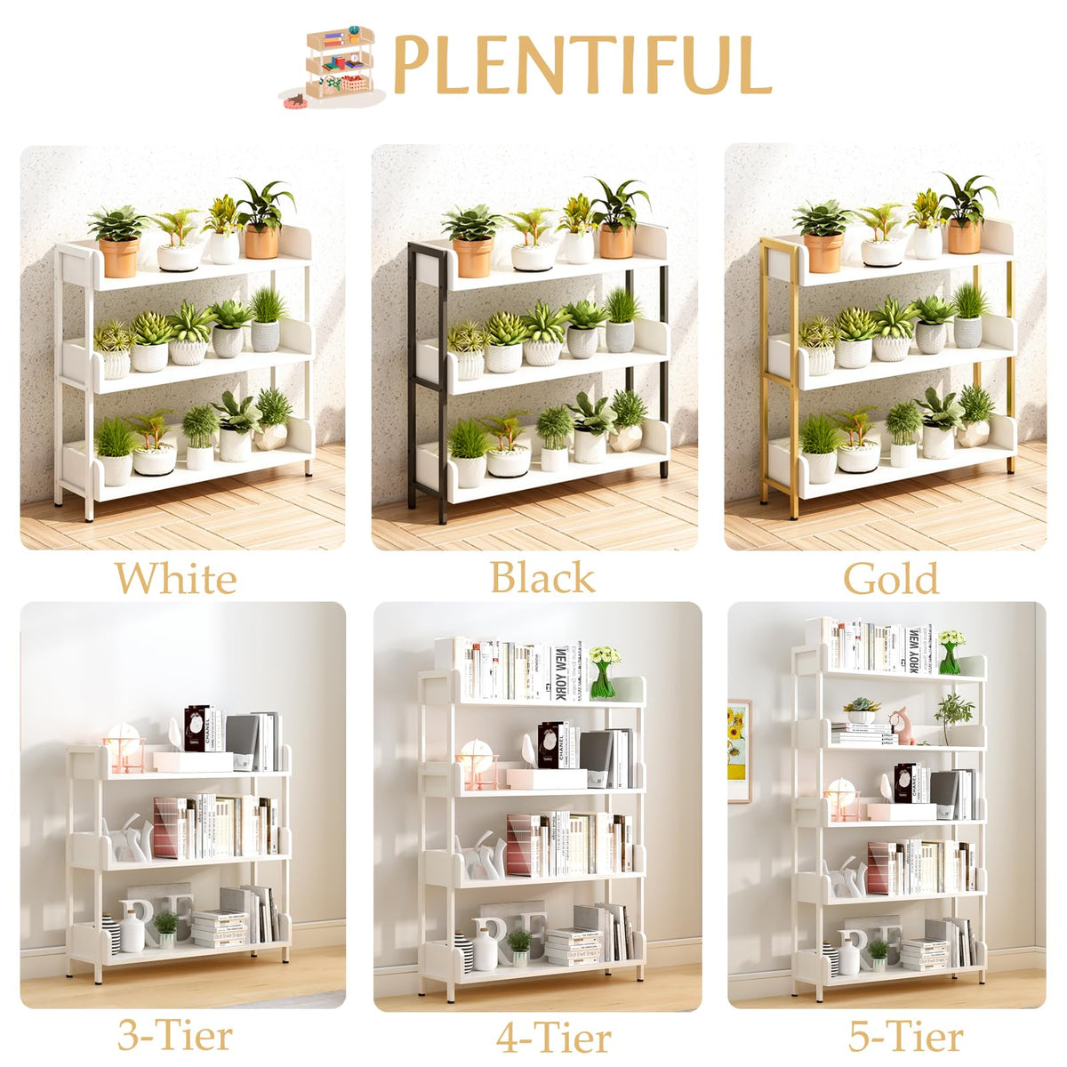 OSCHF Wide Open Shelf Bookcase - Modern 3-Tier Floor Standing Display Bookshelf with Top Edge and Metal Frame for Home and Office, Storage Shelving, Warm White