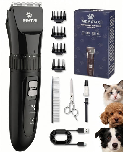 M&M STAR Dog Grooming Kit, Low Noise Dog Clippers, 2-Speed IPX7 Waterproof, Rechargeable Cordless Pet Hair Clippers Trimmer Shaver with LED Display for Small Large Dogs Cats, Black