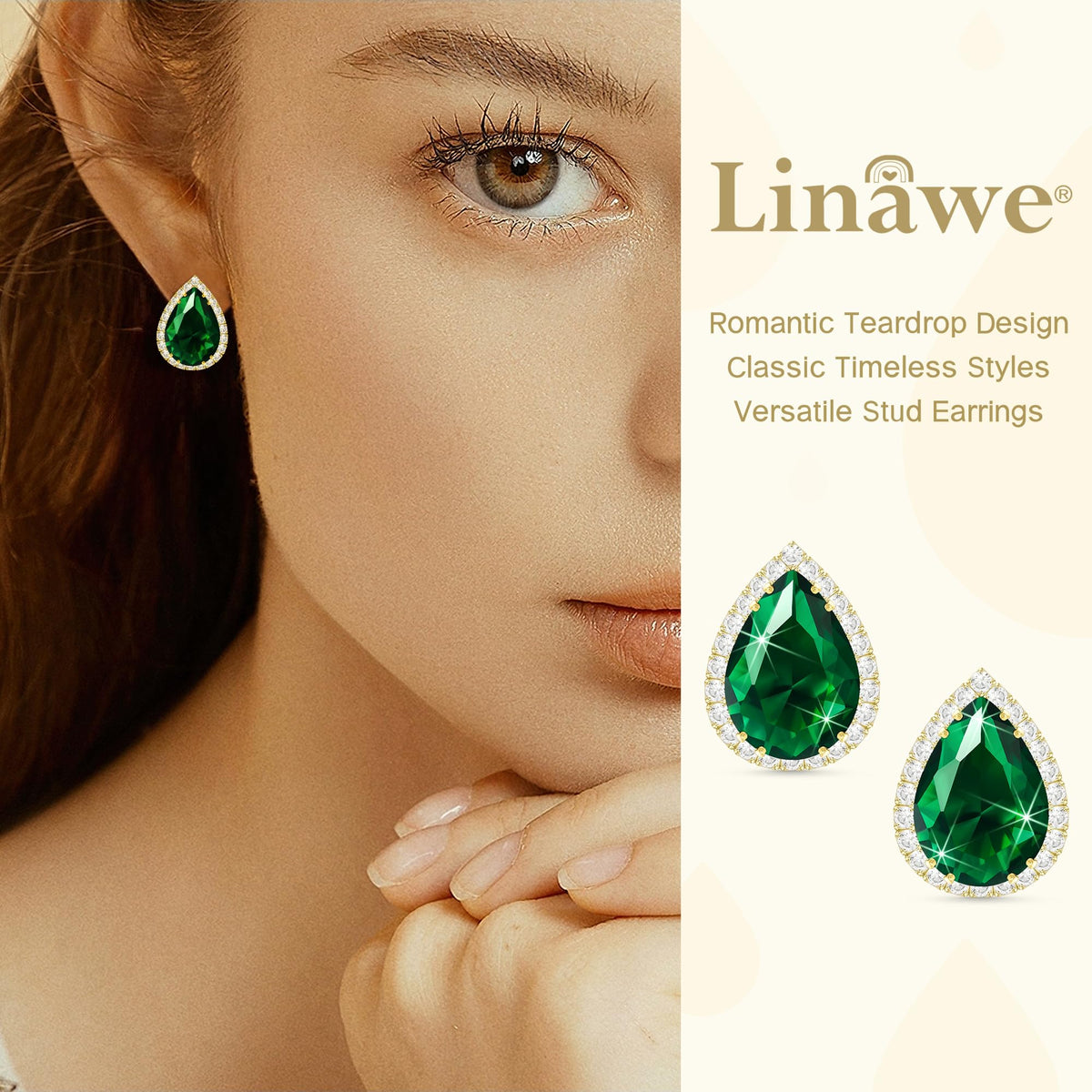 Linawe Emerald Gold Cubic Zirconia Earrings Studs, Statement Imitation Diamond Stud Earrings Women, Teardrop Rhinestone Crystal Formal Earring Set, Wedding Bridal Bridesmaid Jewelry
