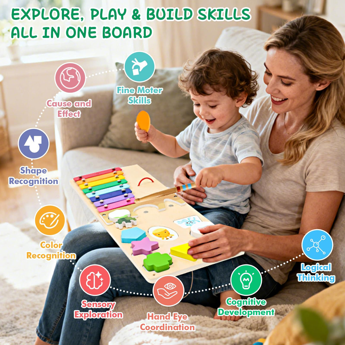 Montessori Busy Board for 1 Year Old, 2 Pcs Wooden Sensory Toys for Toddlers 1-3, Preschool Learning Activities Game for Fine Motor Skills, Birthday Easter Gifts for 1 2 3 4 Years Old Baby Boys Girls