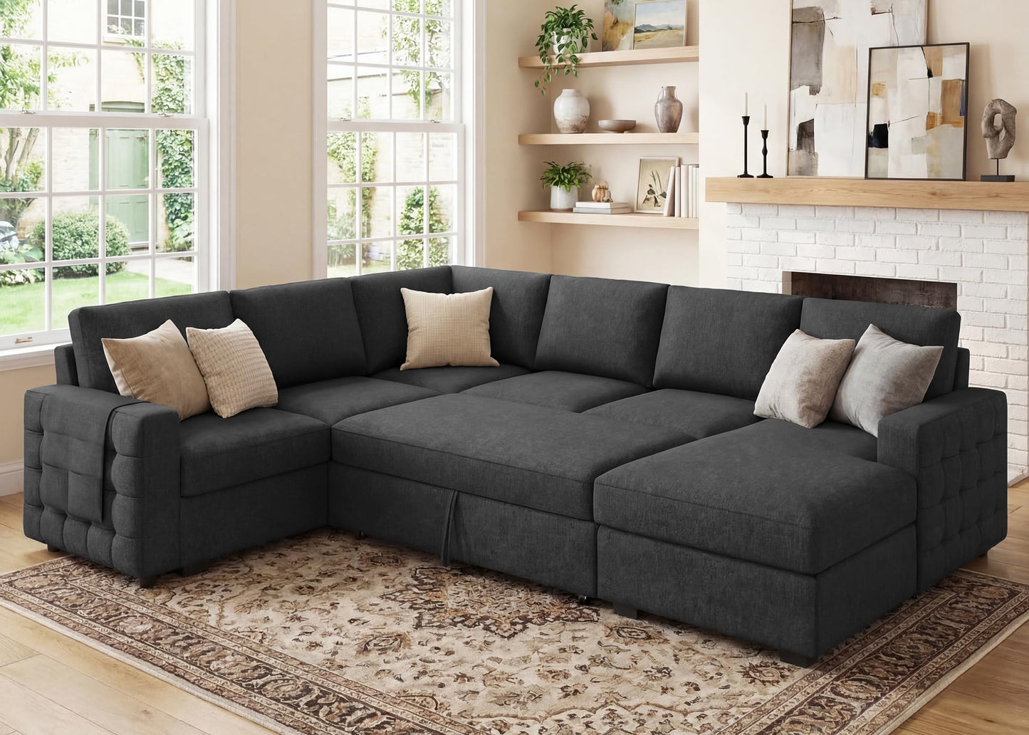 HONBAY Sectional Sleeper Sofa with Pull-Out Bed Storage Chaise, 6 Seater Couch for Living Room, Dark Grey