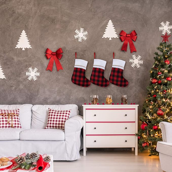 URATOT 12 Pack 15 Inches Christmas Stockings Red and Black Plaid Pattern Felt Christmas Holiday Stockings Christmas Tree Hanging Ornaments Xmas Fireplace Decoration Set