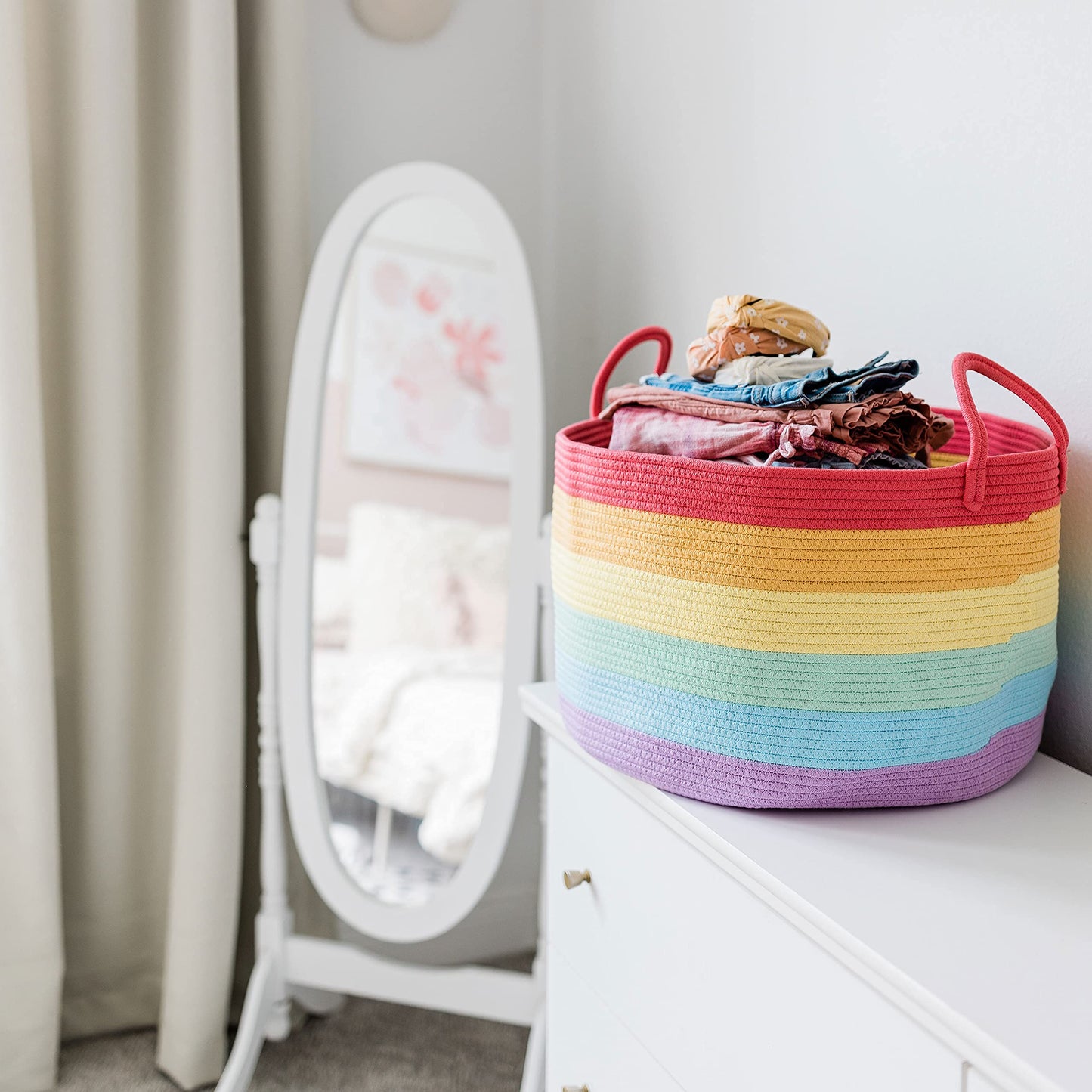 OrganiHaus Rainbow Blanket Basket for Classroom & Nursery, Extra Large Woven Laundry Basket w/Handles, Kids Toy Organizer & Storage, Soft Round Dog Toy Storage Bin, Cute Bin - 20"x13" in