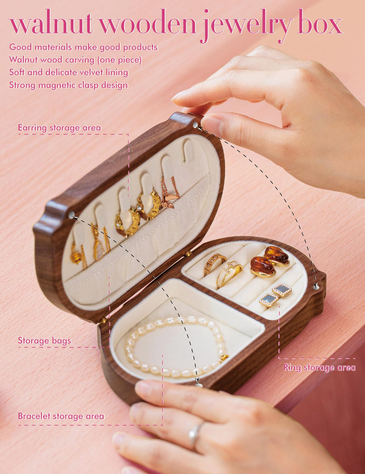 WODTILIFE Personalized cute cat jewelry box, portable travel jewelry case with mirror, Walnut Solid Wooden jewelry organizer, Stores rings, necklaces, earrings, bracelets, Gift for the woman you love.