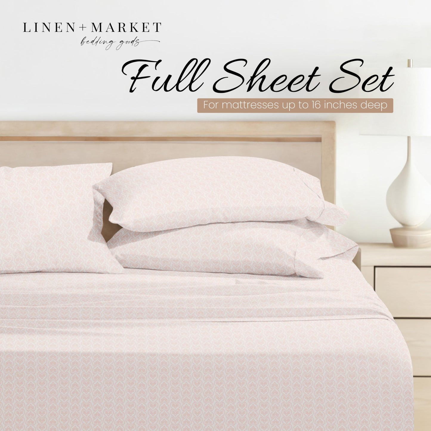 Linen Market Patterned Microfiber Full Sheet Set 4 Piece – Oeko-TEX Certified Ultra Soft & Wrinkle-Free - 16" Deep Pocket Sheets - Easy Care Full Size - Classic in Pink