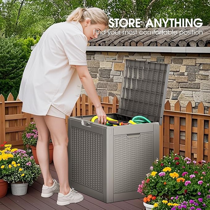 Outdoor Storage Box, Resin Deck Boxes Indoor and outdoor, Waterproof Storage Box Lockable Lid (Grey,32 Gallon)