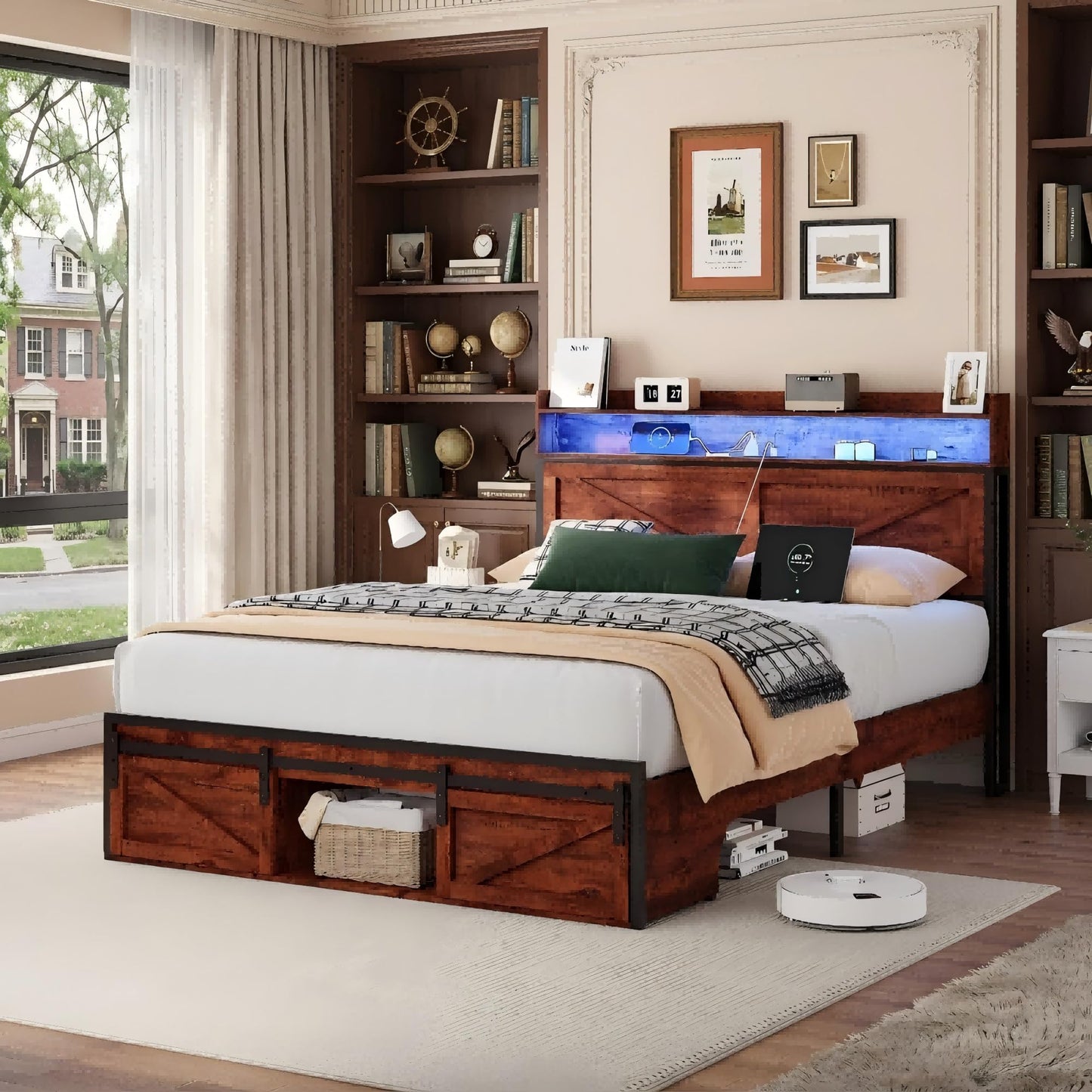 KEIKI Queen Size Bed Frame with Storage Headboard, Wood Platform Bed with Charging Station & Footboard Drawers, Sturdy Metal Slats, Noise-Free, No Box Spring Needed, Brown