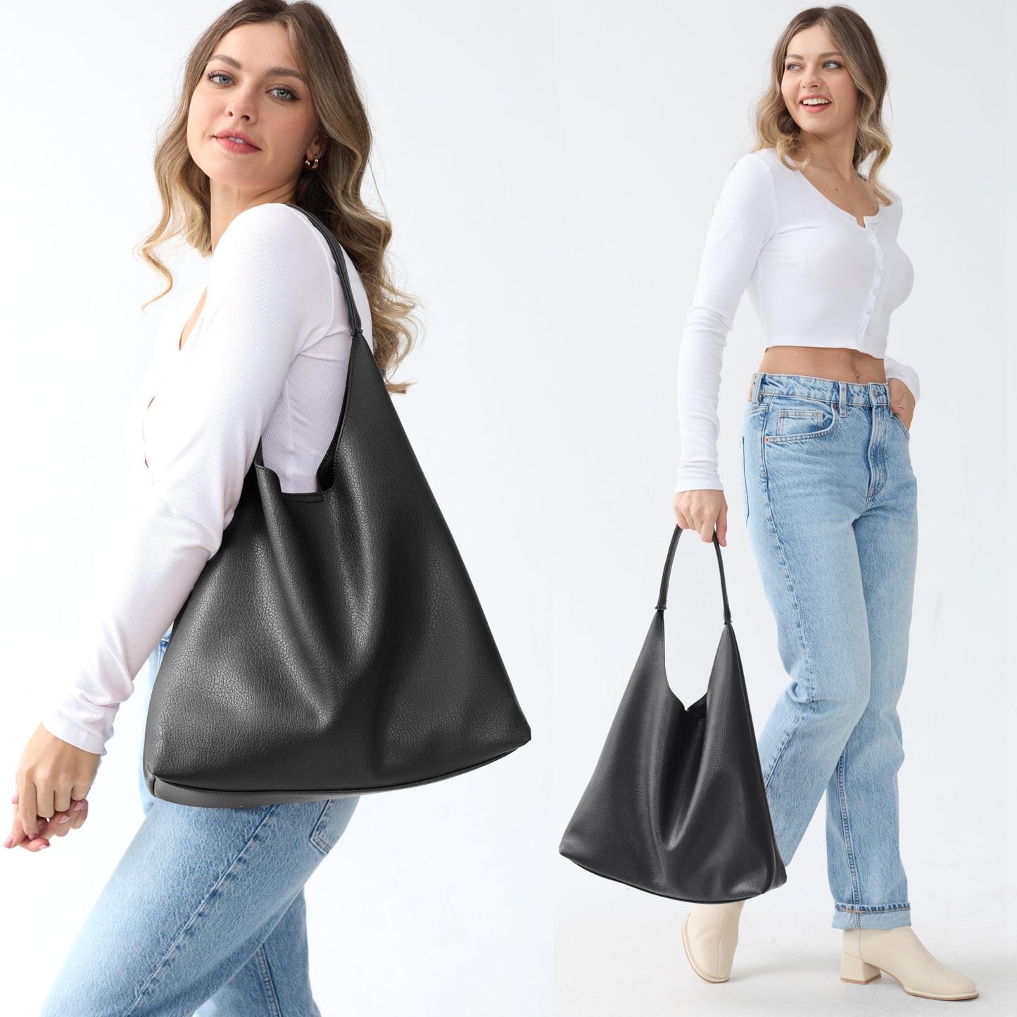 Hobo Bags for Women Soft Vegan Leather Shoulder Handbag Slouchy Tote Purses, Black