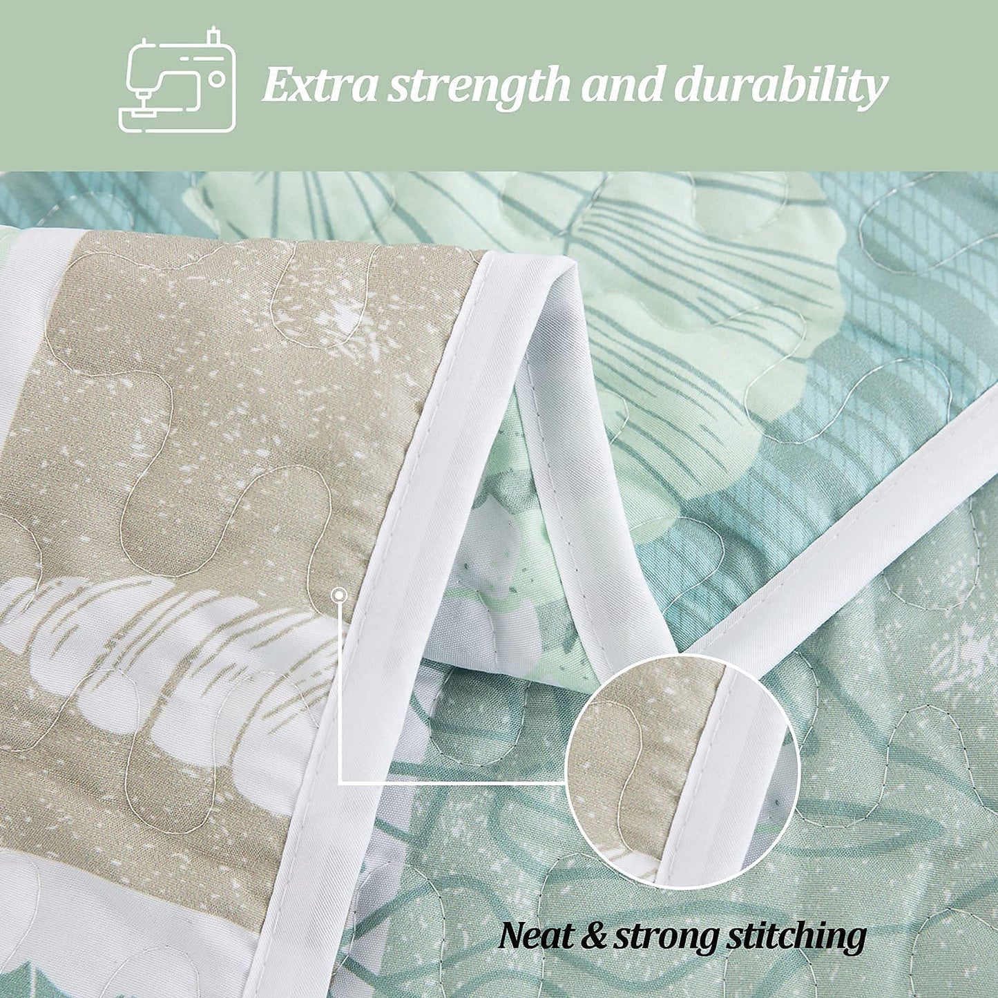 DJY Green Quilt Set Queen Coastal Beach Theme Quilt Coverlet Set Soft Microfiber Reversible Bedspread with 2 Pillow Sham 3 Pieces Coastal Bedding Quilt for All Season 90"x96"