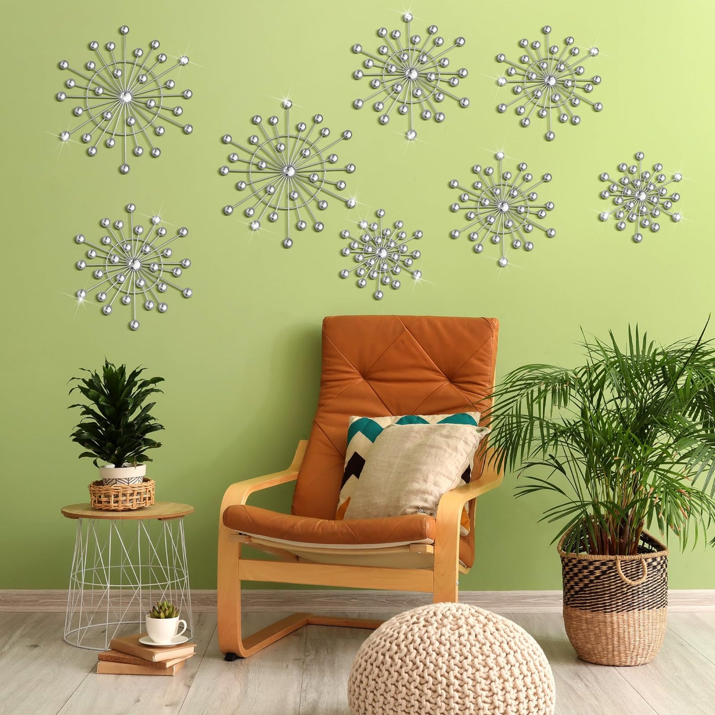 MorningRo 8 Pcs Metal Wall Decor Bling Crystal Wall Art Cast Iron Rhinestones Sunburst Decor Starburst Art Hanging Diamond Accents Home Decorative for Living Room Bedroom Entryway
